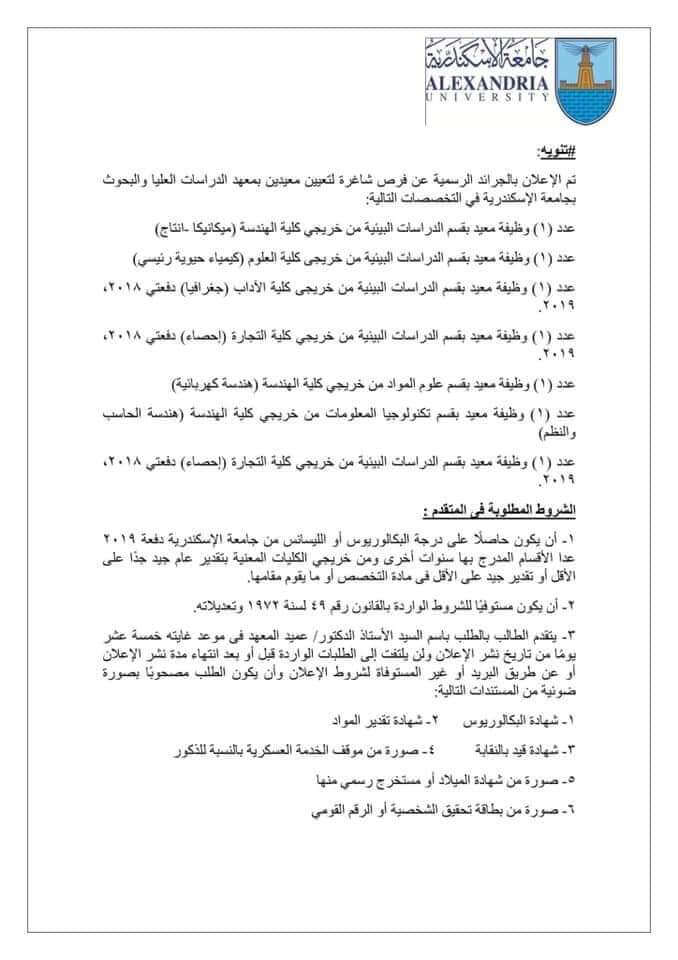 إعلان جامعة الأسكندرية عن وظائف شاغرة بالأقسام و التخصصات التالية :