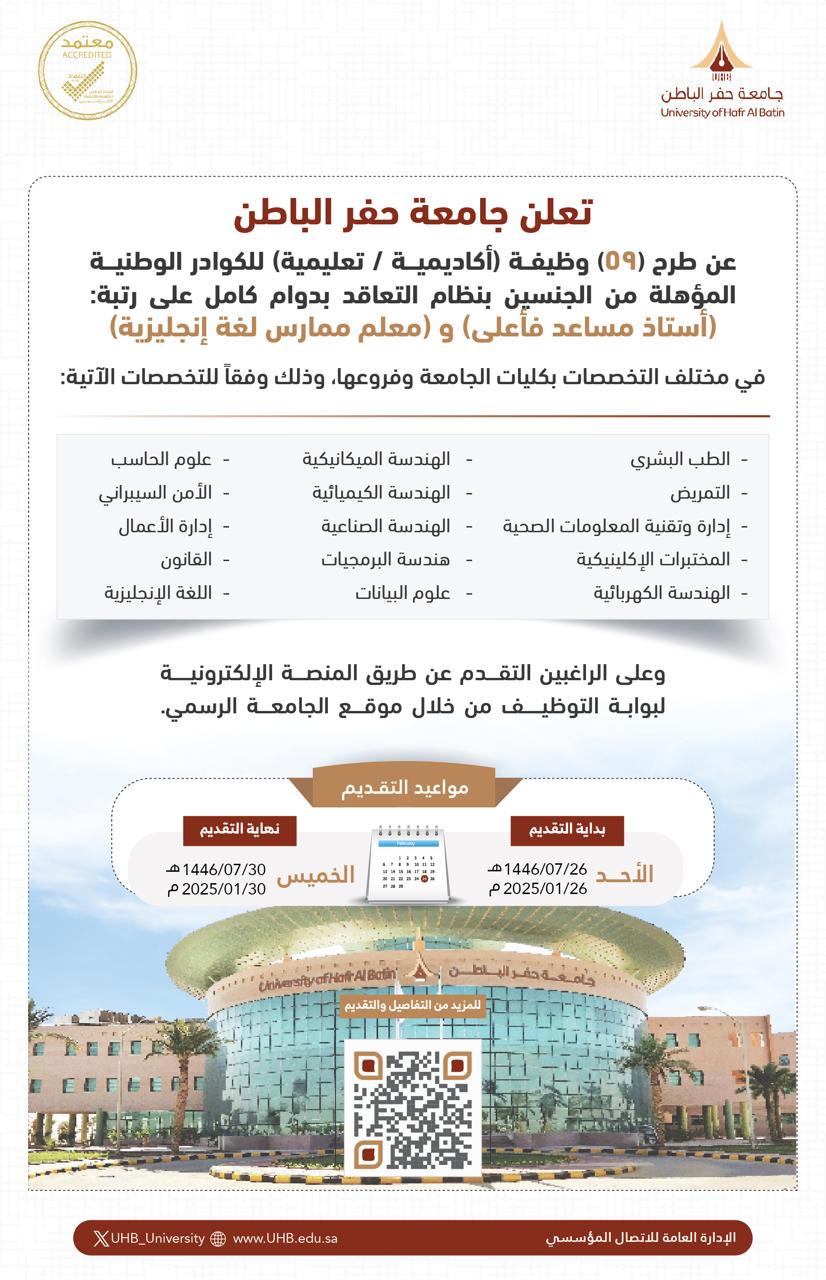 جامعة حفر الباطن تعلن عن 59 وظيفة أكاديمية وتعليمية للجنسين بنظام التعاقد