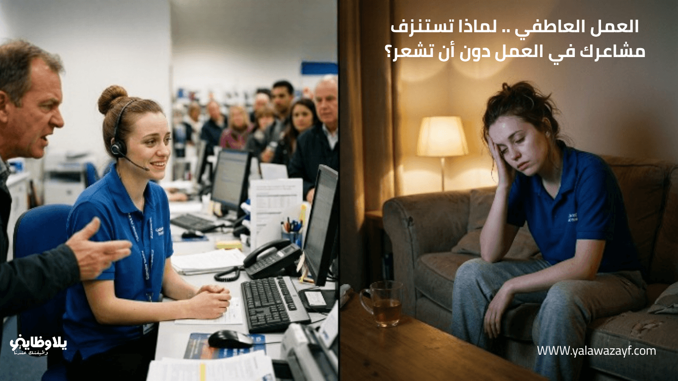 "موظف خدمة عملاء مرهق يجبر نفسه على الابتسام أثناء التعامل مع عميل صعب، مشهد مقسم يظهر وجه العمل المبتسم مقابل الوجه المنهك الحقيقي في المنزل، تعبير عن العمل العاطفي وتكلفته الخفية"