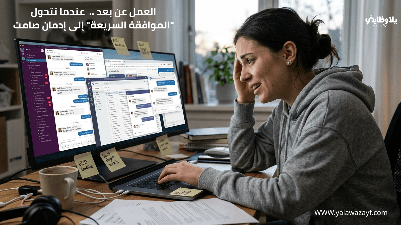 "عامل عن بعد يوافق 'نعم' مراراً على طلبات متعددة على الشاشة، منهك بسبب الإشعارات والمهام التي لا تنتهي، تعبير عن سلوك إرضاء الآخرين في العمل عن بعد"