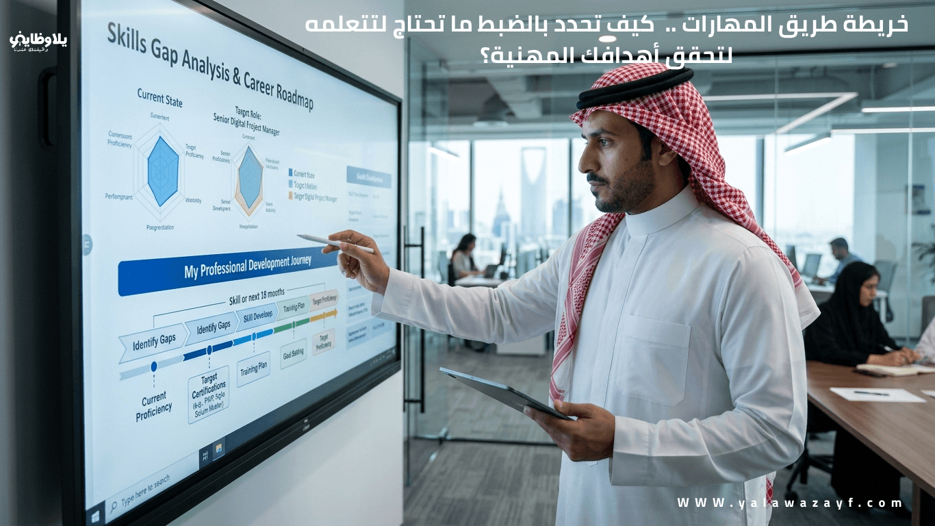 "محترف يحلل فجوة المهارات على شاشة رقمية، تحديد الأهداف والتطوير المهني، خريطة طريق المهارات من الوضع الحالي إلى المستهدف"